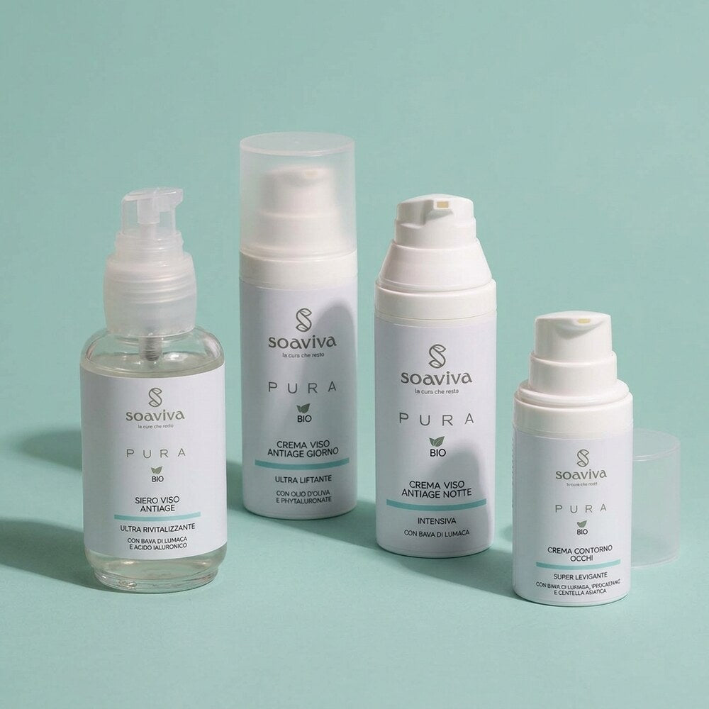 Routine Anti Age Quotidiana: i quattro prodotti del kit Soaviva Insieme, fotografia di gruppo