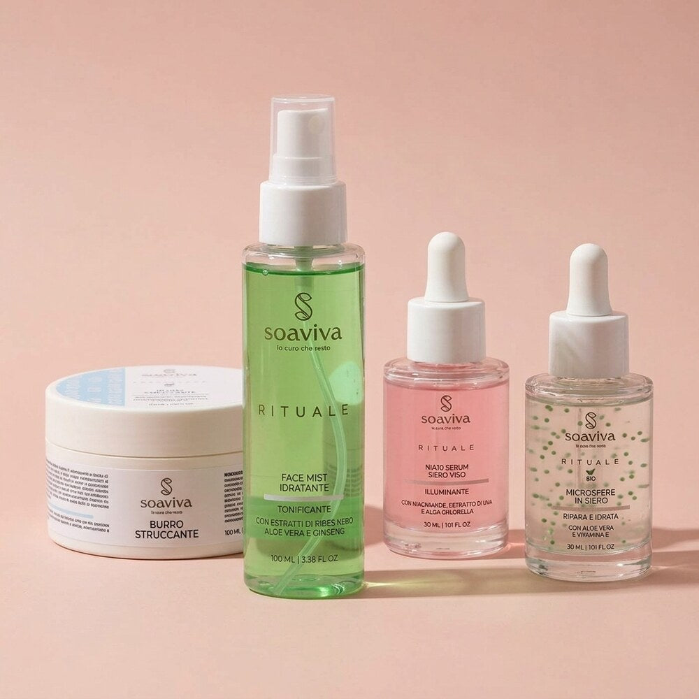 Routine Skincare Coreana: i quattro prodotti del kit Soaviva Insieme, fotografia di gruppo