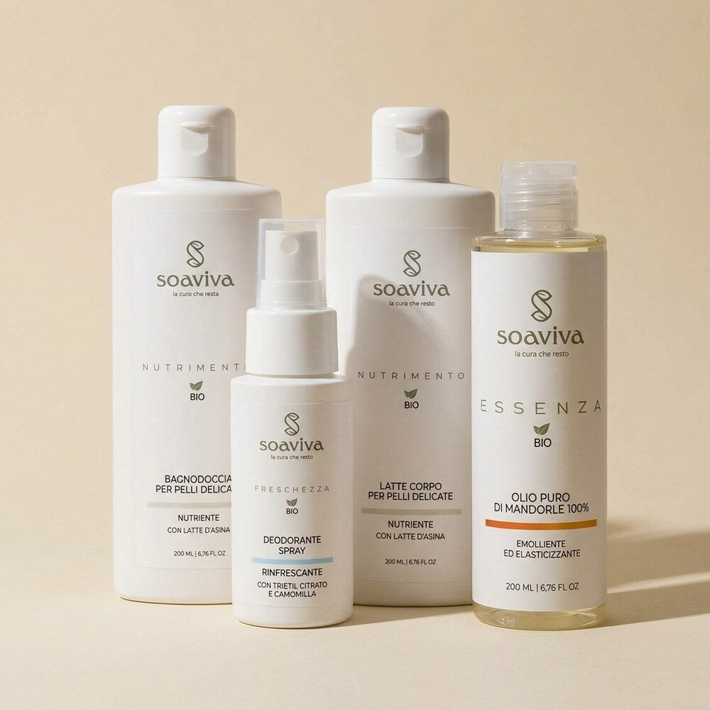 Cura Quotidiana del Corpo: i quattro prodotti del kit Soaviva Insieme, fotografia di gruppo