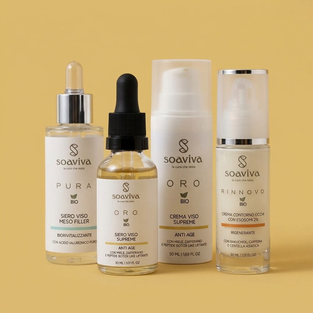 Trattamento Anti Age Strong: i quattro prodotti del kit Soaviva Insieme, fotografia di gruppo