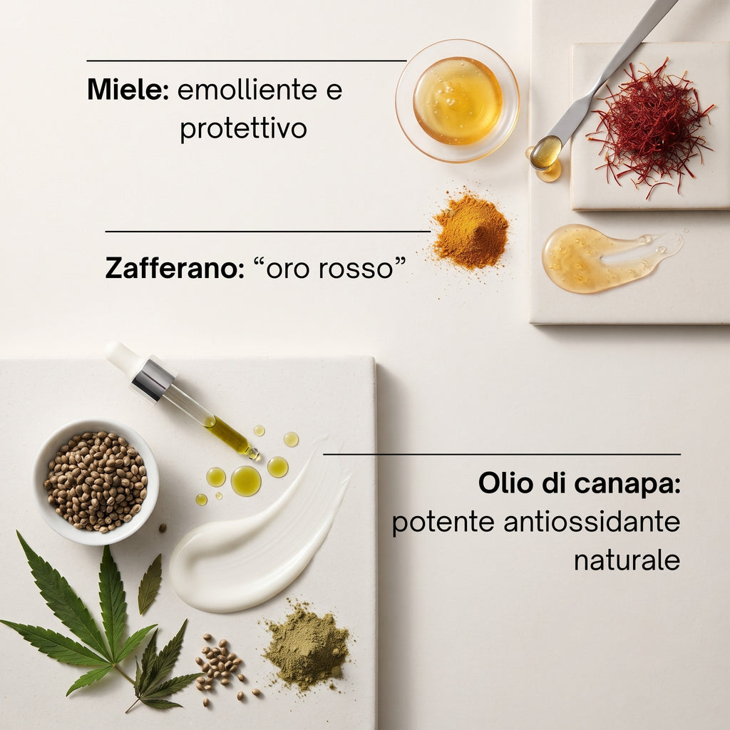 Ingredienti del burro corpo Soaviva Oro: miele, zafferano e olio di canapa
