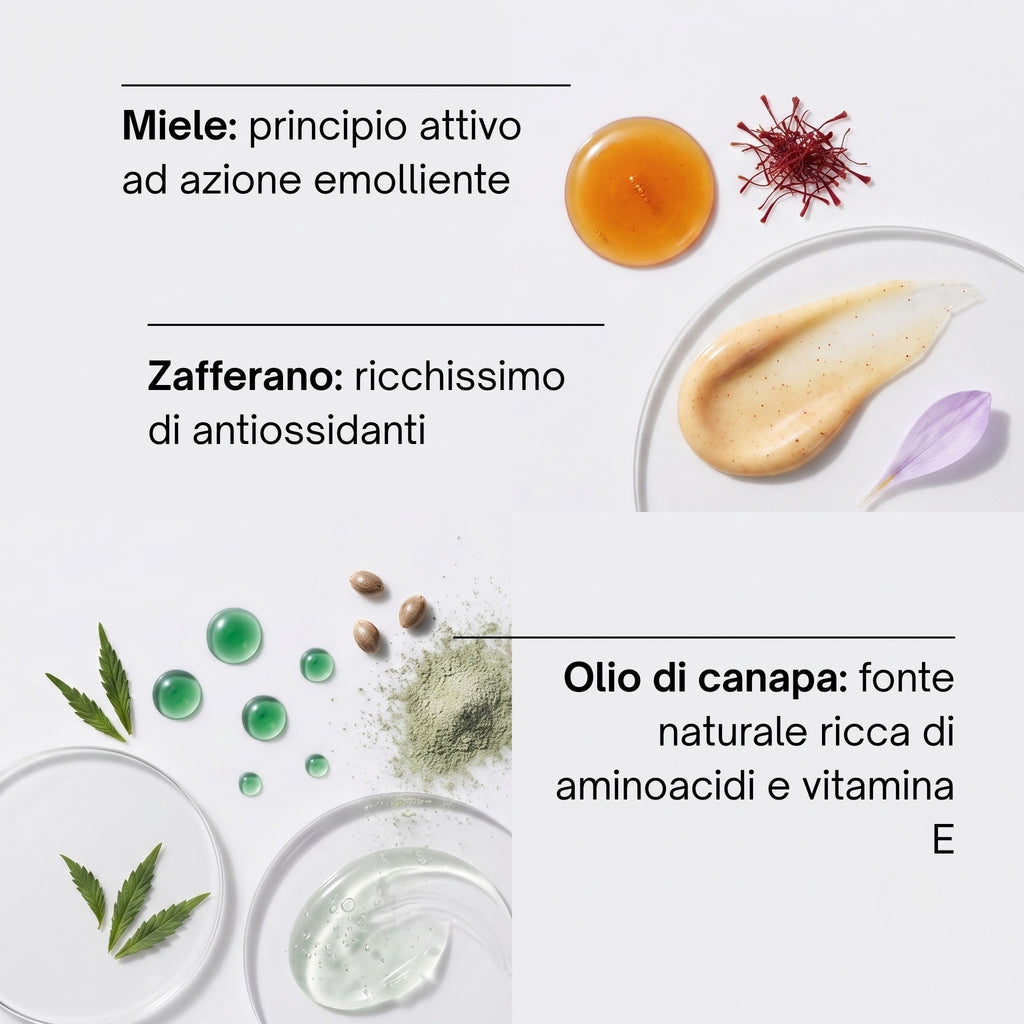 Ingredienti dello Scrub Soaviva Oro: miele, zafferano e olio di canapa