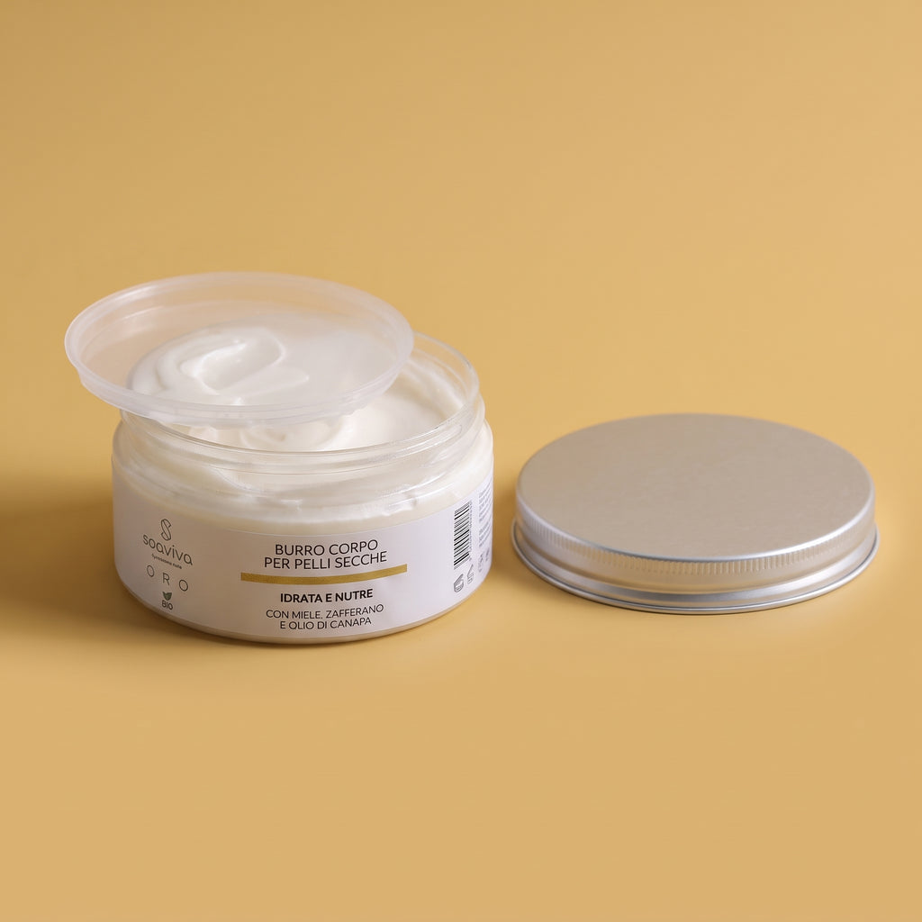Soaviva Oro Burro Corpo Super Idratante Miele e Zafferano 200 ml — vasetto aperto con il coperchio appoggiato di fianco