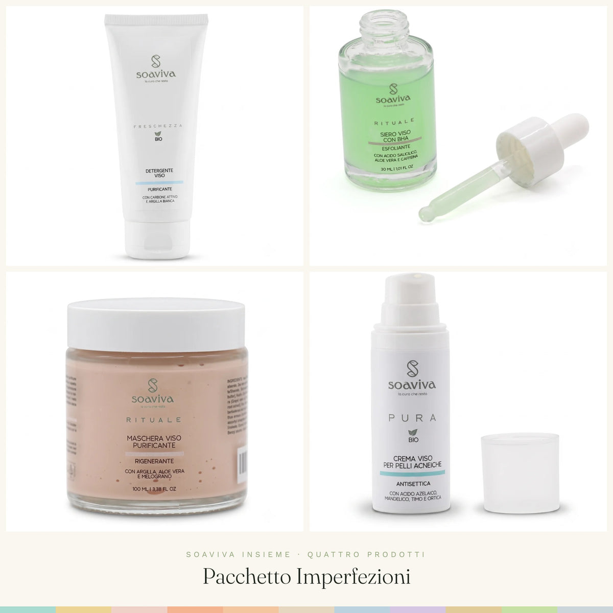 Pacchetto Imperfezioni: i quattro prodotti del kit Soaviva Insieme