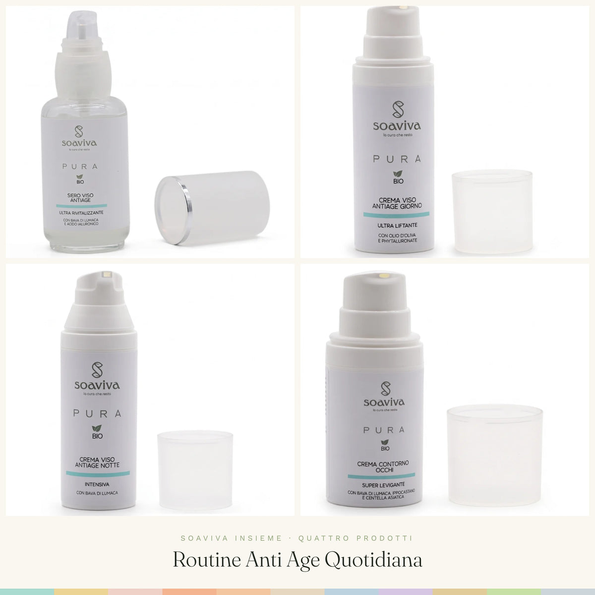 Routine Anti Age Quotidiana: i quattro prodotti del kit Soaviva Insieme