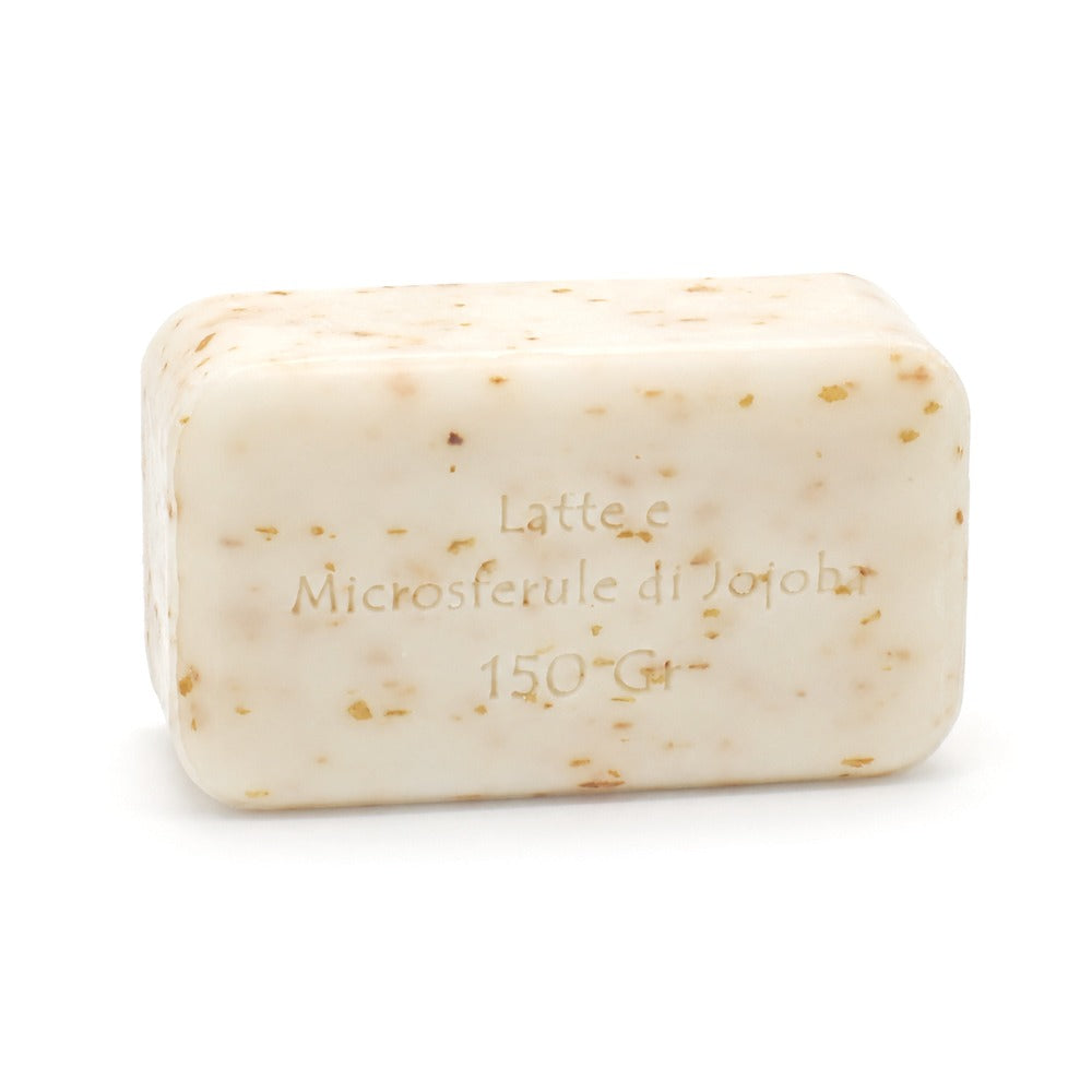 Sapone solido esfoliante Soaviva latte e microsferule di jojoba da 150 g, panetto panna con granuli