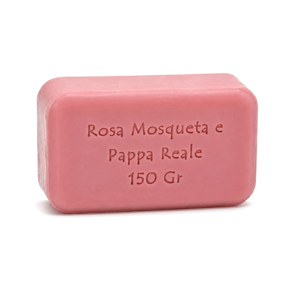 Sapone solido Soaviva rosa mosqueta e pappa reale da 150 g, panetto rosa