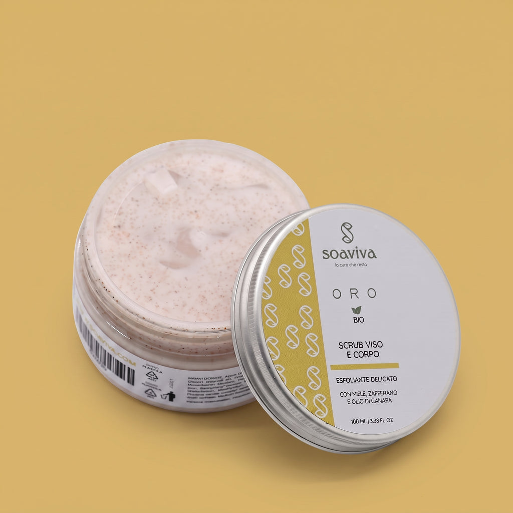 Soaviva Oro Scrub Viso e Corpo Esfoliante Delicato Miele e Zafferano 100 ml — vasetto aperto con il coperchio appoggiato di fianco