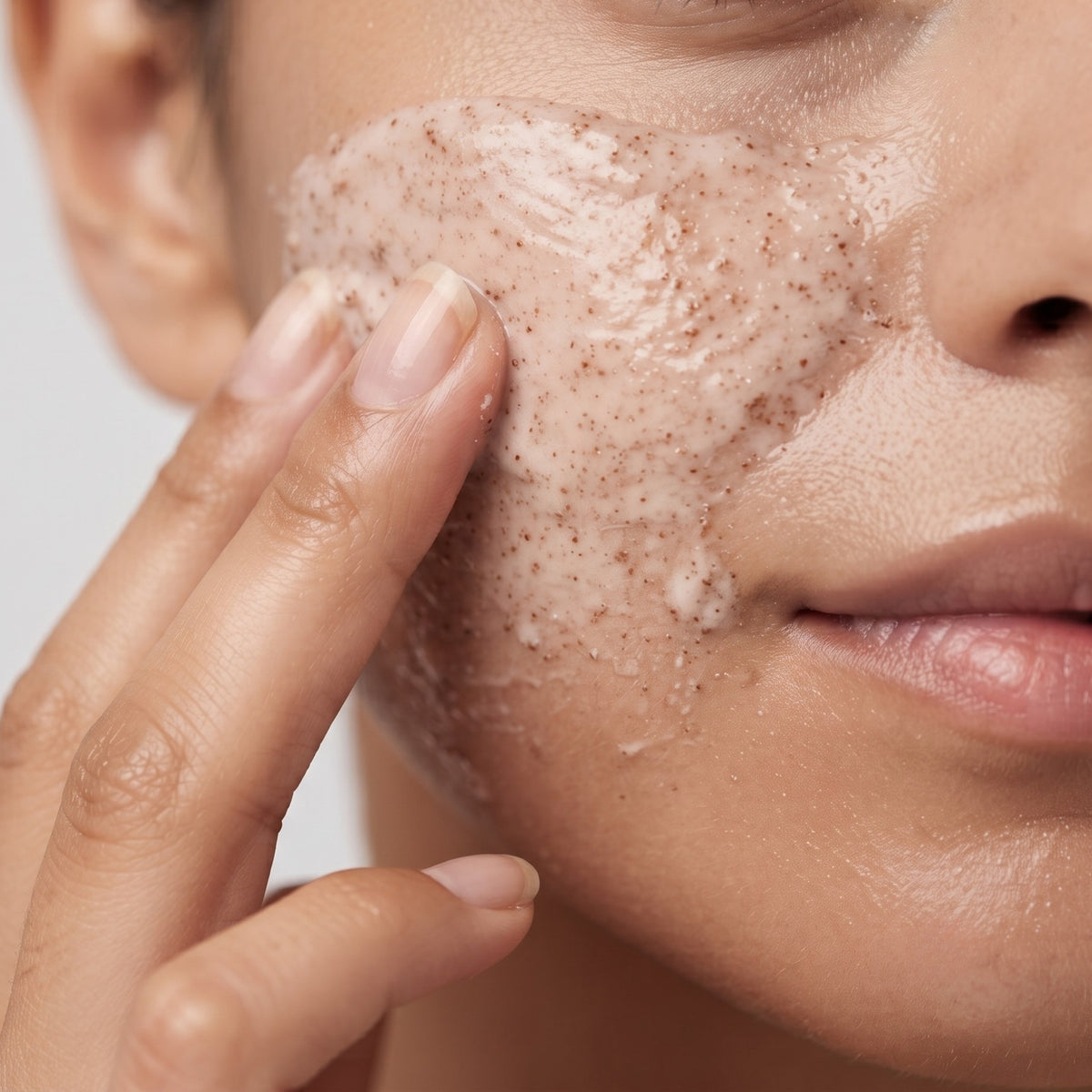 Scrub Soaviva Oro applicato sul viso, granuli di miele e zafferano