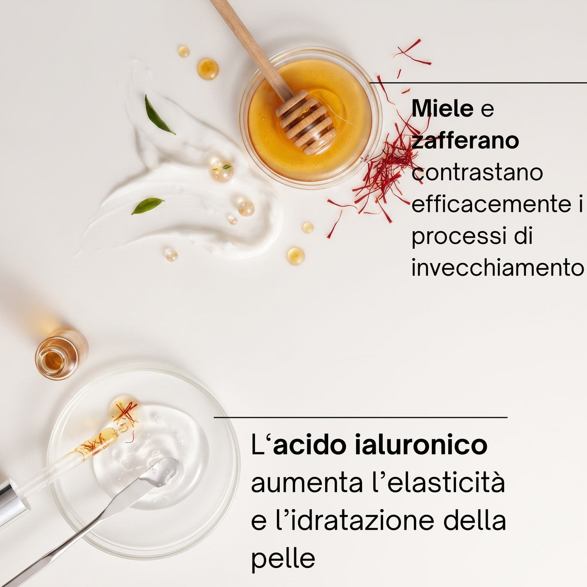 Siero Viso Supreme Soaviva Oro: miele e zafferano contrastano i processi di invecchiamento, l'acido ialuronico aumenta elasticità e idratazione