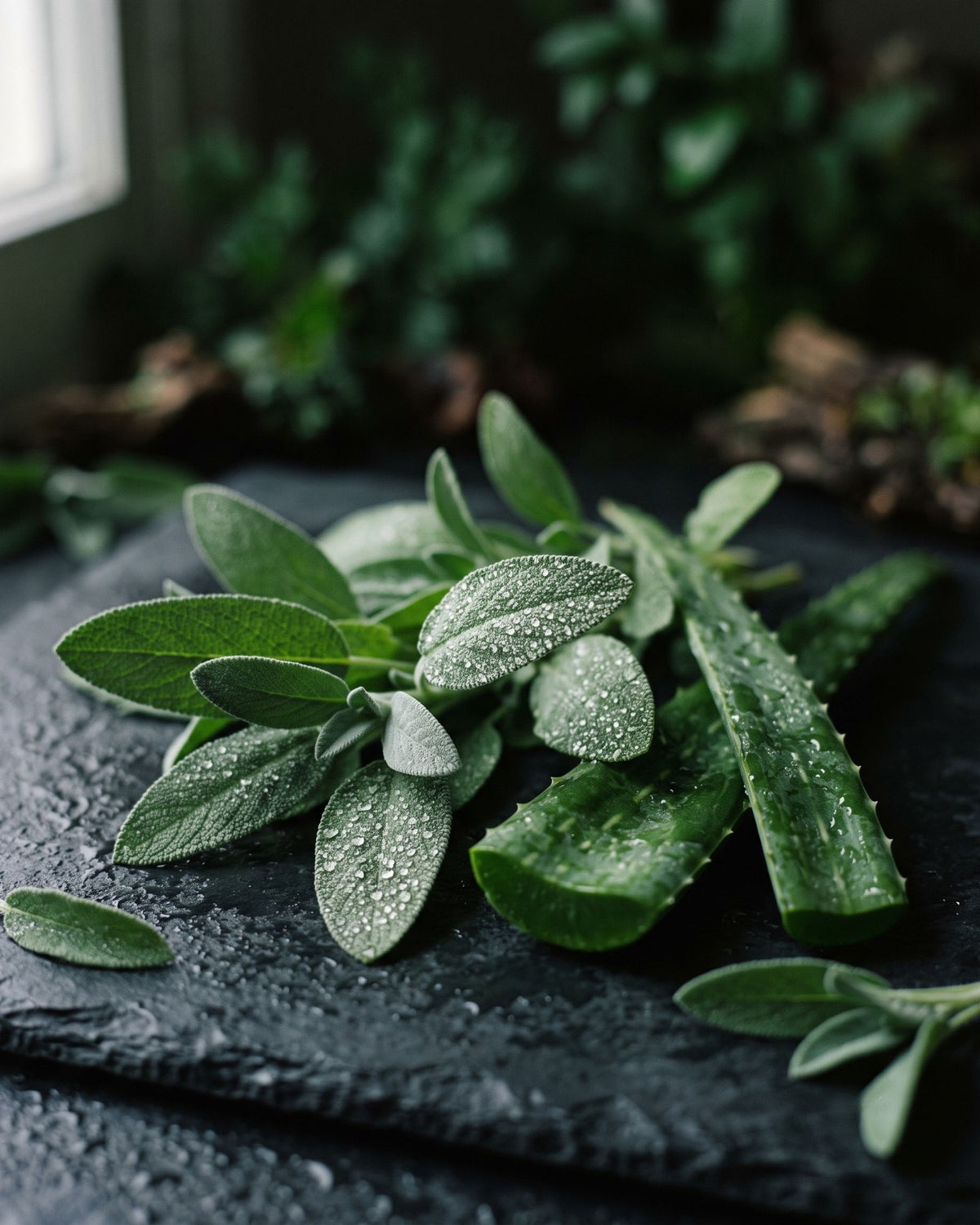 Laboratorio certificato AIAB — salvia e aloe con rugiada su ardesia
