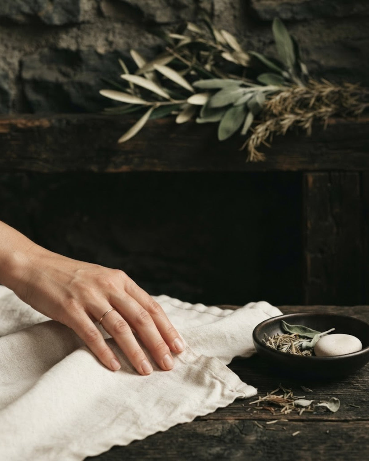 Made in Italy — mano su lino con rametto d'ulivo e salvia
